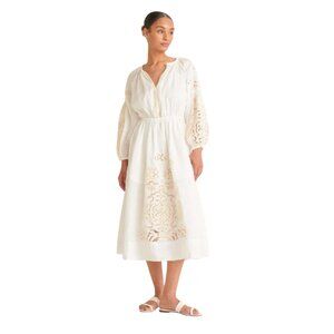 ALC Capri Midi Dress Womens 14 Ivory Off White V-Neck Long Sleeves Linen Eyelets